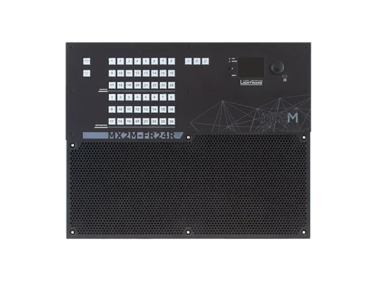 Das Produktbild zeigt eine schwarze Steuerzentrale mit weißen Tasten, einem kleinen Display und geometrischen Linien auf der Vorderseite, die mit „MX2 MER 24R“ und „M2M“ beschriftet ist.