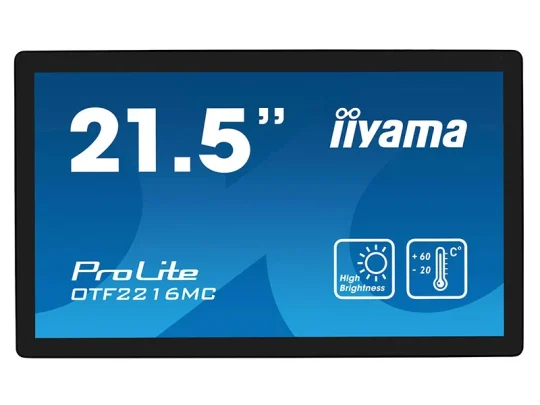 Das Produktbild zeigt den 21,5 Zoll großen iiyama ProLite OTF2216MC-Digitalbildschirm mit Symbolen für hohe Helligkeit und einen Temperaturbereich von -20 bis 60 °C. Die Modellbezeichnung ist unten links im Bild zu sehen.
