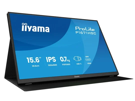 Der tragbare Monitor iiyama ProLite P1671HSC mit einer Bildschirmdiagonale von 15,6 Zoll ist in einer schwarzen Schutzhülle zu sehen. Auf dem blauen Display werden Details wie Full-HD-Auflösung (1920 x 1080), Gewicht (0,7 kg), IPS-Panel sowie USB-C- und HDMI-Anschlüsse angezeigt.