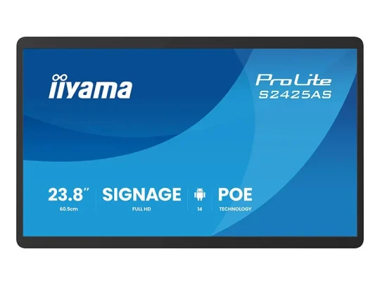 Das Produktbild zeigt den Monitor iiyama ProLite S2425AS mit einer Bildschirmdiagonale von 23,8 Zoll auf blauem Hintergrund. Auf dem Bildschirm werden die wichtigsten Funktionen wie Full HD, Android 14 und POE-Technologie angezeigt.