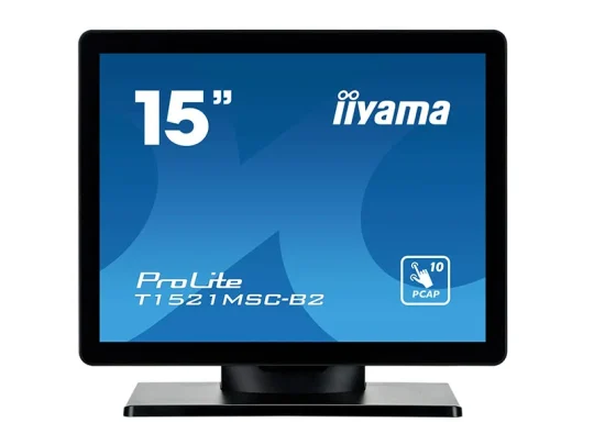 Iiyama ProLite T1521MSC-B2: Schwarzer 15-Zoll-Touchscreen-Monitor mit blauem Display, auf dem Modellinformationen und ein Symbol für 10-Punkt-Multitouch zu sehen sind.