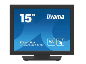 Der iiyama ProLite T1531SR-B1S ist ein schwarzer 15-Zoll-Monitor, auf dessen blauem Bildschirm Symbole für ein VA-Panel und die Touchscreen-Funktion zu sehen sind.