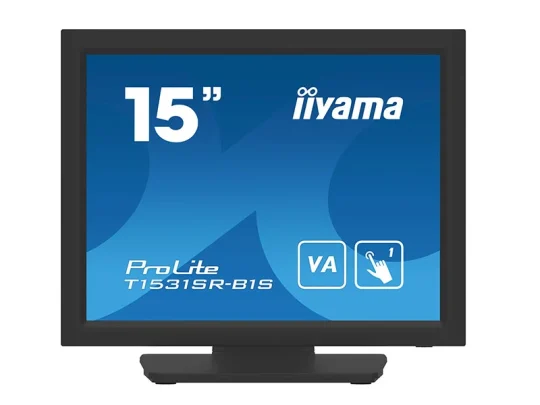 Der iiyama ProLite T1531SR-B1S ist ein schwarzer 15-Zoll-Monitor, auf dessen blauem Bildschirm Symbole für ein VA-Panel und die Touchscreen-Funktion zu sehen sind.