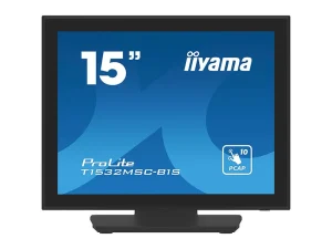 Iiyama ProLite T1532MSC-B1S: Schwarzer 15-Zoll-Touchscreen-Monitor, von vorne abgebildet mit eingeschaltetem, blauem Display.