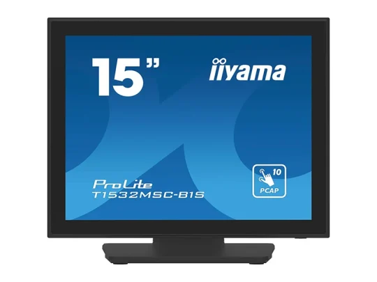 Iiyama ProLite T1532MSC-B1S: Schwarzer 15-Zoll-Touchscreen-Monitor, von vorne abgebildet mit eingeschaltetem, blauem Display.