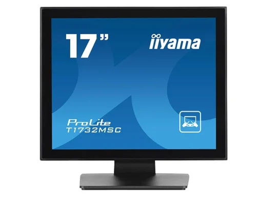 Der iiyama ProLite T1732MSC ist ein schwarzer 17-Zoll-Monitor, auf dessen blauem Bildschirm der Modellname und die Größe in weißer Schrift zu sehen sind. Dank der gut lesbaren Anzeige ideal für Menschen mit Sehbehinderung.
