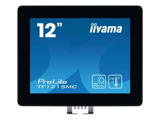 Der 12-Zoll-Monitor iiyama ProLite TF1215MC ist auf dem Bild mit einem blauen Display zu sehen, auf dem das Markenlogo, der Modellname sowie Symbole für hohe Helligkeit und einen Temperaturbereich von -60 °C bis 60 °C zu erkennen sind.