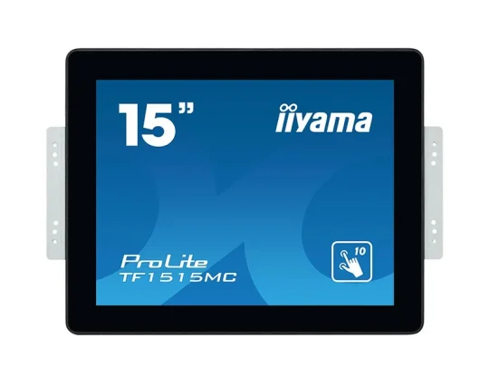 Der iiyama ProLite TF1515MC ist ein 15-Zoll-Touchscreen-Monitor mit einem schwarzen Rahmen, der von vorne sichtbar ist. Das Display zeigt eine blaue Fläche mit Hinweisen zur Bildschirmgröße und zur Touch-Funktion.