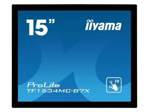 15-Zoll-Touchscreen-Monitor iiyama ProLite TF1534MC-B7X in der Vorderansicht, Bildschirm mit blauem Hintergrund, weißer Schrift und Touch-Symbol in der Ecke.