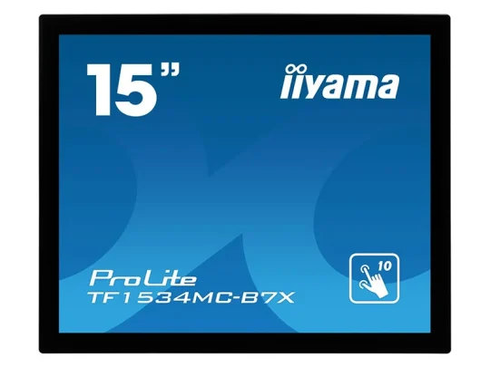 15-Zoll-Touchscreen-Monitor iiyama ProLite TF1534MC-B7X in der Vorderansicht, Bildschirm mit blauem Hintergrund, weißer Schrift und Touch-Symbol in der Ecke.