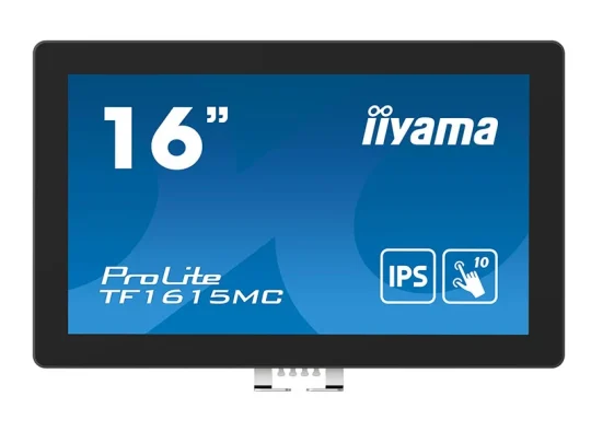 Iiyama ProLite TF1615MC 16-Zoll-Touchscreen-Monitor mit IPS-Panel, von vorne gesehen. Der Bildschirm leuchtet blau und zeigt Symbole für die 10-Punkt-Touch-Funktion an.