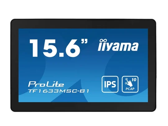 15,6-Zoll-Touchscreen-Monitor „iiyama ProLite TF1633MSC-B1“ mit schwarzem Rahmen; auf dem blauen Bildschirm werden Modellname und technische Daten angezeigt.