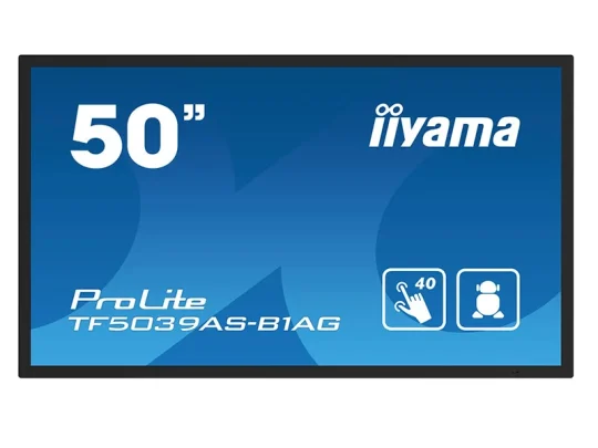 Iiyama ProLite TF5039AS-B1AG: 50-Zoll-Touchscreen mit blauem Hintergrund, großer weißer Schrift und Symbolen für 40 Berührungspunkte und Benutzerinteraktion. Ideal für barrierefreie Präsentationen.
