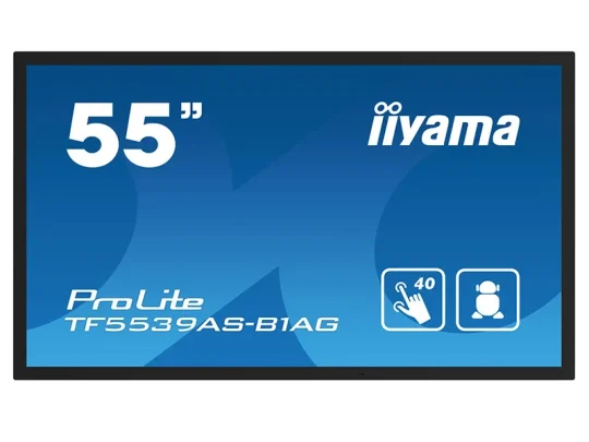 Das Produktbild zeigt den 55-Zoll-Touchscreen-Monitor iiyama ProLite TF5539AS-B1AG vor blauem Hintergrund mit Markenlogo sowie Symbolen für 40 Berührungspunkte und Multi-User-Unterstützung.