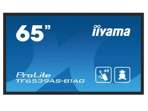 Iiyama ProLite TF6539AS-B1AG 65-Zoll-Touchscreen-Monitor mit blauem Hintergrund, Touch- und Personensymbol auf dem Display.