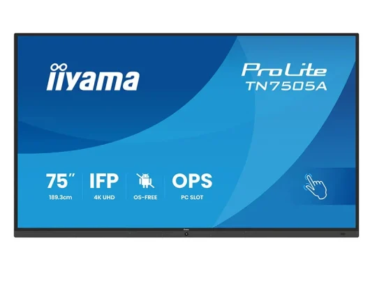 Das Produktbild zeigt das 75 Zoll große iiyama ProLite TN7505A-Display mit Touchscreen vor blauem Hintergrund. Auf dem Bildschirm werden zentrale Funktionen wie IFP, 4K UHD, OS-freier Betrieb, OPS und PC-Steckplatz hervorgehoben sowie ein Touch-Symbol angezeigt.