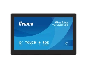 Das Bild zeigt das 10-Zoll-Touchscreen-Display iiyama ProLite TW1023ASC mit POE-Technologie in einer Frontalaufnahme. Auf dem Bildschirm sind blaue Markenlogos und Produktinformationen zu sehen.
