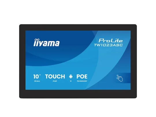 Das Bild zeigt das 10-Zoll-Touchscreen-Display iiyama ProLite TW1023ASC mit POE-Technologie in einer Frontalaufnahme. Auf dem Bildschirm sind blaue Markenlogos und Produktinformationen zu sehen.