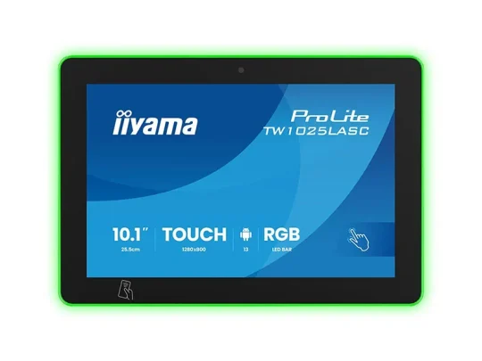 Iiyama ProLite TW1025ASLC 10,1-Zoll-Touchscreen-Display mit blauem Bildschirm, sichtbaren Produktspezifikationen und grün leuchtendem LED-Rahmen. Auf dem Display sind die Begriffe „TOUCH“, „RGB“ sowie ein Touch-Symbol zu sehen.