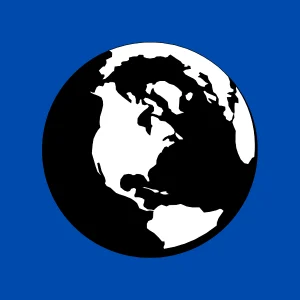 Produktbild: Schwarz-weiße Illustration der Erde mit Schwerpunkt auf Nord- und Südamerika vor blauem Hintergrund. Ideal als Wandbild oder Poster für Weltraum- und Geografie-Fans.