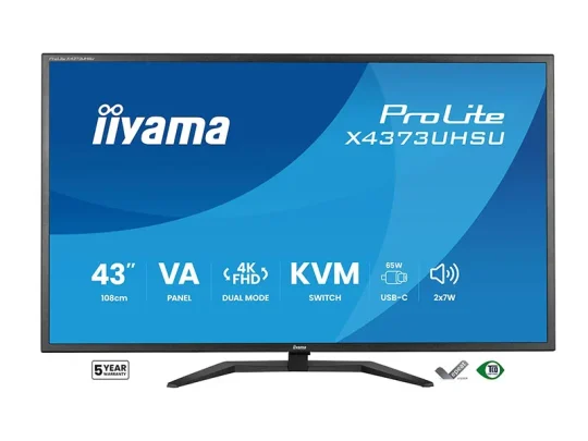 Auf dem Bild ist der 43-Zoll-Monitor iiyama ProLite X4373UHSU zu sehen. Das Display weist auf die 4K-FHD-Auflösung, ein VA-Panel, einen KVM-Switch, einen USB-C-Anschluss und 65 W Power Delivery hin. Promo-Symbole weisen zudem auf eine 5-jährige Garantie und eine Umweltzertifizierung hin.
