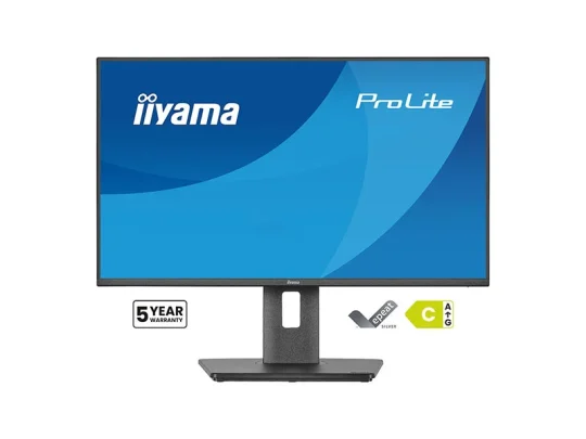 Der abgebildete schwarze iiyama ProLite-Monitor zeigt einen blauen Bildschirm. Unter dem Monitor sind Symbole für 5 Jahre Garantie, Höhenverstellbarkeit und die Energieeffizienzklasse C zu sehen.
