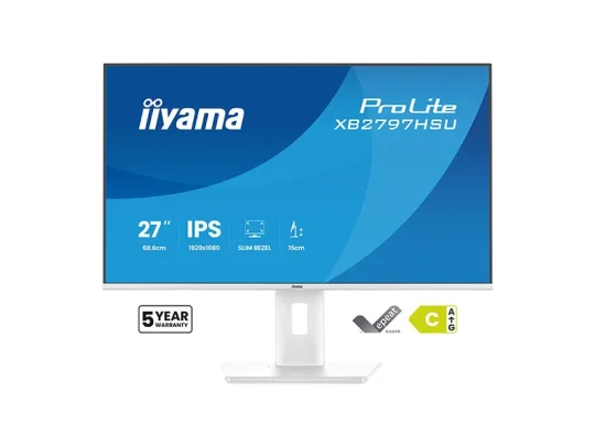 Iiyama ProLite 27-Zoll-Monitor mit schmalem Rahmen, IPS-Display und höhenverstellbarem Standfuß; auf dem Produktbild sind Angaben zu Full HD, 5 Jahren Garantie sowie eine Energieeffizienzklasse von C bis A zu sehen.