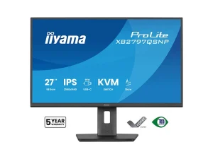 Iiyama ProLite 27-Zoll-Monitor mit IPS-Display, einer Auflösung von 2560 x 1440, USB-C-Anschluss, KVM-Switch und höhenverstellbarem Standfuß; auf dem Bildschirm werden Produktmerkmale und Herstellerlogos angezeigt.