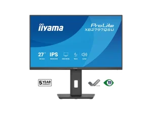 Iiyama ProLite 27-Zoll-Monitor mit schmalem Rahmen, IPS-Display und einer Auflösung von 2560 x 1440. Auf dem Bild sind der höhenverstellbare Standfuß, die Basis sowie die Umweltzeichen unter dem Bildschirm zu sehen. Der Monitor wird mit 5 Jahren Garantie angeboten.