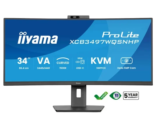 Der 34 Zoll große, gebogene iiyama ProLite-Monitor mit einer Auflösung von 3440x1440 ist auf dem Bild von vorne zu sehen. Zu erkennen sind unter anderem der USB-C-Anschluss, eine integrierte 5-Megapixel-Webcam, ein KVM-Switch sowie Hinweise auf das 95-W-Netzteil und eine fünfjährige Garantie.