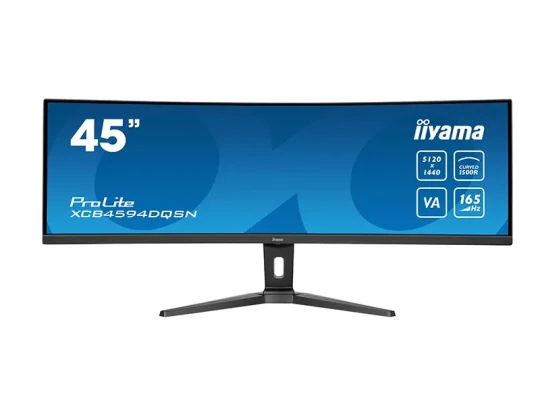Der iiyama ProLite XCB4594DQSN ist ein 45-Zoll-Curved-Monitor mit VA-Panel, einer Krümmung von 1500R und einer Auflösung von 5120 x 1440 Pixeln; auf dem Bildschirm werden diese technischen Daten in weißen Buchstaben auf blauem Hintergrund angezeigt.
