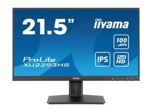 Das Produktbild zeigt den 21,5-Zoll-Monitor iiyama ProLite XU2293HS mit einem Display, auf dem die technischen Daten – 100-Hz-Bildwiederholfrequenz, IPS-Panel und Full-HD-Auflösung – in weißer Schrift auf blauem Hintergrund zu sehen sind.