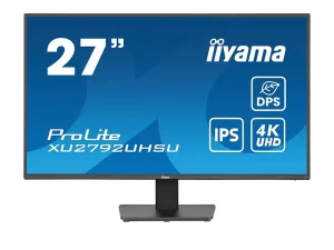 Auf dem Bild ist der 27-Zoll-Monitor iiyama ProLite XU2792UHSU zu sehen. Auf dem Bildschirm werden vor blauem Hintergrund technische Daten wie IPS, 4K UHD und DPS angezeigt. Das Gerät verfügt über einen schmalen Rahmen und einen rechteckigen Standfuß.