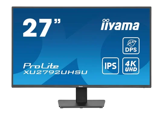 Auf dem Bild ist der 27-Zoll-Monitor iiyama ProLite XU2792UHSU zu sehen. Auf dem Bildschirm werden vor blauem Hintergrund technische Daten wie IPS, 4K UHD und DPS angezeigt. Das Gerät verfügt über einen schmalen Rahmen und einen rechteckigen Standfuß.