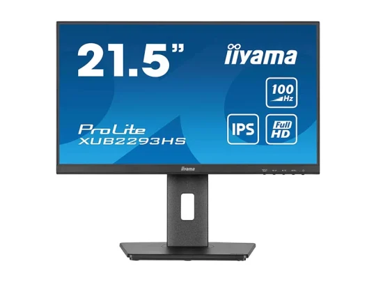 Der 21,5 Zoll große iiyama ProLite XUB2293HS-Monitor steht auf einem rechteckigen Standfuß. Auf dem blauen Bildschirm werden die technischen Daten wie 100 Hz, IPS und Full HD in weißer Schrift angezeigt.