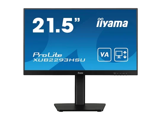 Iiyama ProLite XUB2293HSU Monitor mit einer Bildschirmdiagonale von 21,5 Zoll, schmalem Rahmen und schwarzem Standfuß; auf dem blauen Display werden Modellname und Größe angezeigt.