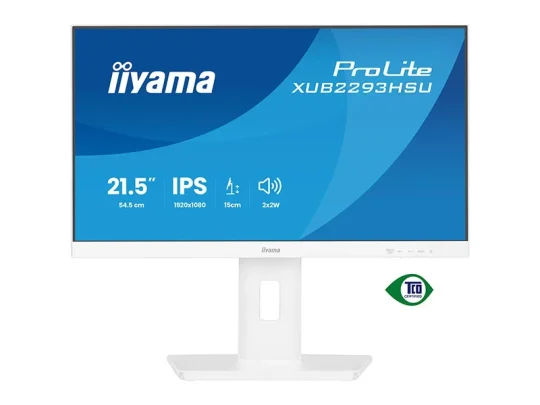 Auf dem Produktbild ist der weiße iiyama ProLite XUB2293HSU-Monitor zu sehen. Auf dem Bildschirm werden die wichtigsten technischen Daten angezeigt: 21,5-Zoll-IPS-Display, Full-HD-Auflösung (1920 x 1080), um 15 cm höhenverstellbar und integrierte 2 x 2-W-Lautsprecher. Unten rechts befindet sich das TCO-Certified-Logo.