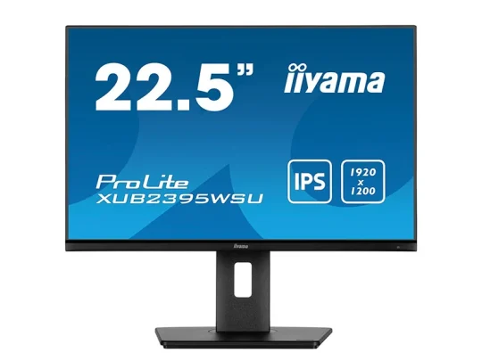 Der iiyama ProLite XUB2395WSU ist ein 22,5-Zoll-Monitor mit einem IPS-Display und einer Auflösung von 1920 x 1200 Pixeln. Das Produktfoto zeigt den Monitor von vorne, wobei die Produktmerkmale auf dem Bildschirm eingeblendet sind.