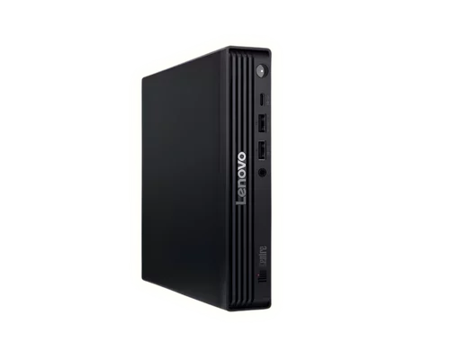 Lenovo Mini-PC in Schwarz steht vertikal, zeigt USB-Ports, Power-Button vorne und das Lenovo Logo an der Seite.