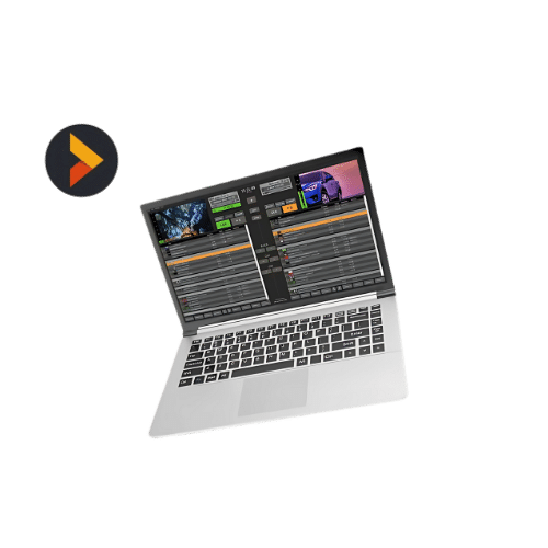 Silberner Laptop mit geöffneter Medienschnitt-Software auf dem Bildschirm steht neben einem kreisförmigen Logo mit stilisiertem orange-gelbem Play-Button auf dunklem Hintergrund - perfekte Lösung für alle, die professionelle Kreativsoftware wie Adobe Premiere Pro kaufen oder mieten möchten.