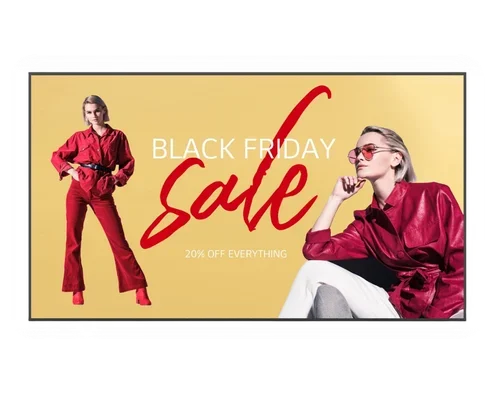 Zwei Frauen in roten Outfits stehen vor einem gelben Hintergrund mit der Aufschrift „BLACK FRIDAY Sale – 20 % RABATT AUF ALLES“. Das Wort „Sale“ ist groß und rot in der Mitte geschrieben. Das Bild wirbt für Angebote, z. B. für den Monitor LG 110UM5K-B, und hebt die Aktion durch auffällige Farben hervor.